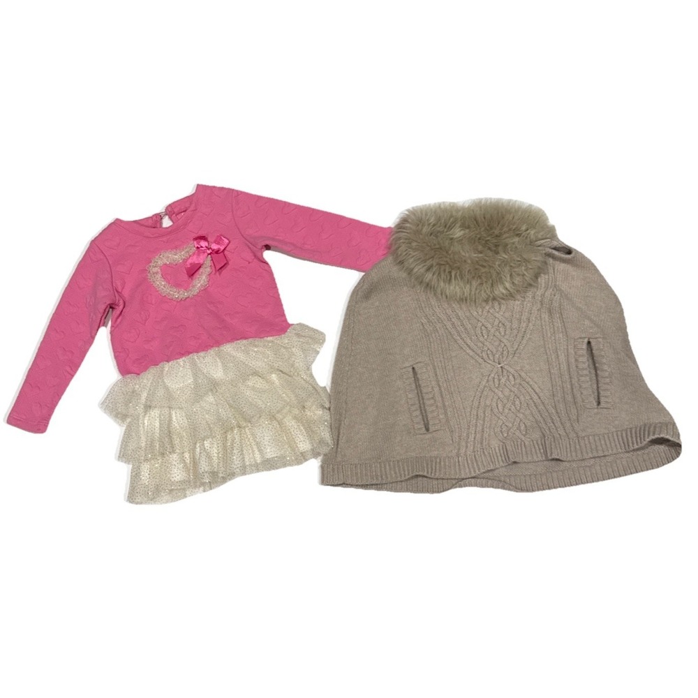 Cutie Pie Toddler Pink Dress Size 24M, Beige Shawl 2T Fur Neck & Slits For Hands